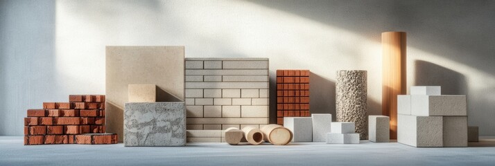 Aufkleber - Variety of construction materials including bricks, wood, and concrete displayed on a work surface in a well lit setting. Generative AI