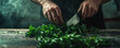 © Sabana - Hands chopping fresh herbs in a dimly lit kitchen setting. Generative AI