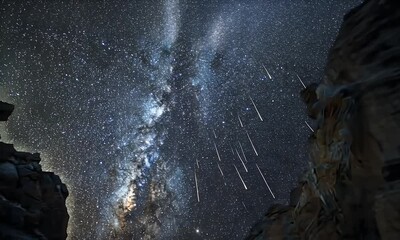 Wall Mural - A stunning night sky filled with the Milky Way and meteor streaks above rocky formations.
