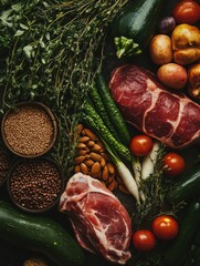 Poster - Fresh vegetables, meat, and grains arranged for cooking and meal preparation on a rustic table. Generative AI