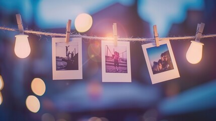 Poster - Polaroid photographs displayed creatively on string with clothespins against a softly lit evening background. Generative AI