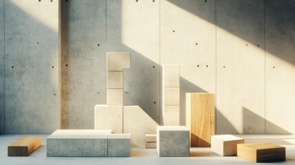 Aufkleber - Construction materials arranged with natural lighting in a minimalistic interior space showcasing modern design elements. Generative AI