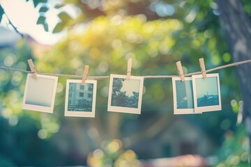Poster - Polaroid photos displayed on string with clothespins in a bright outdoor setting for creative mock up. Generative AI
