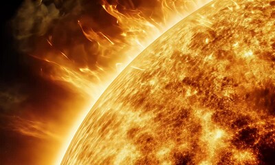 Wall Mural - A close-up view of the sun's surface, showcasing solar flares and intense heat.