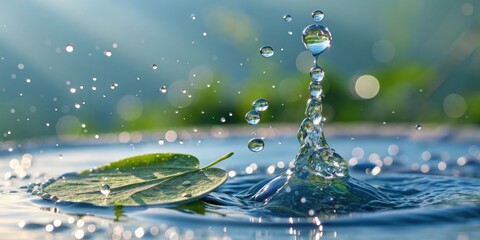 Poster - Water droplets create a mesmerizing cascade as they fall into a still pond, leaving behind a ripple of serenity and a single leaf floating gently on the surface.