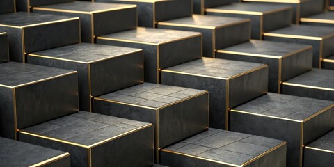 Fototapete - A Minimalist Abstract Composition Featuring Stacked Black Cubes with Golden Edges, Emphasizing Geometric Patterns and a Playful Perspective