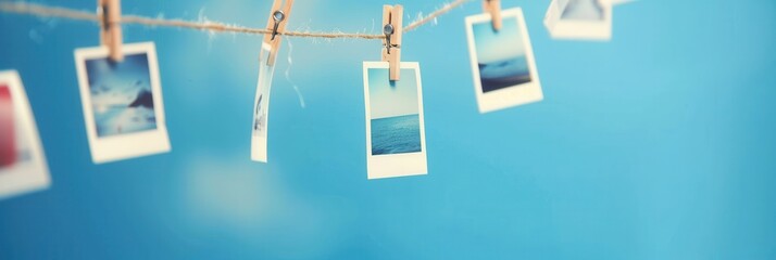 Poster - Polaroid pictures displaying memories attached to a string with clothespins against a vibrant blue background. Generative AI