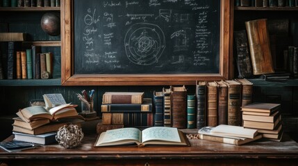 Poster - Books and notebooks arranged on a wooden desk in a study surrounded by shelves full of more books. Generative AI