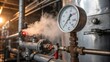 © InspireStock Gallery - Steam billows from a pipe in an industrial setting, a close-up of a pressure gauge reveals the critical role it plays in monitoring system performance.