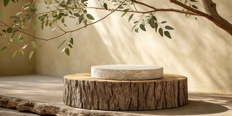 Poster - A rustic wooden and stone podium with natural light streaming through tree branches casting shadows on the surrounding ground