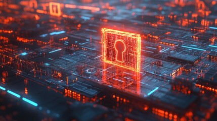 A futuristic digital landscape featuring a glowing keyhole symbol amidst an intricate network of circuits and binary code
