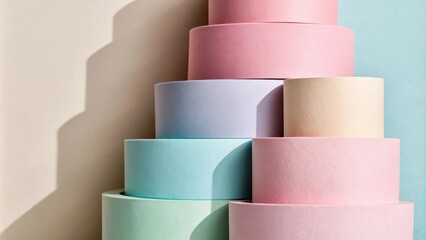 Aufkleber - Abstract Pastel Cylinders Stacked Against a Soft Background, Displaying a Playful Geometric Composition of Color and Form