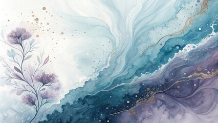 Aufkleber - Abstract Watercolor Painting of Blue and Purple Swirls with Gold Accents and a Delicate Floral Branch