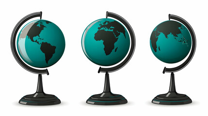 Three globes depicting different continents on stands, emphasizing geography and education.