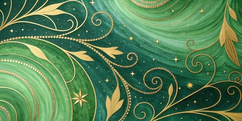 Aufkleber - Abstract Green and Gold Swirling Pattern with Delicate Leaf Motifs and Scattered Stars