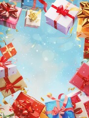 Poster - Colorful holiday gifts scattered against a festive backdrop with plenty of copy space for personalized messages. Generative AI