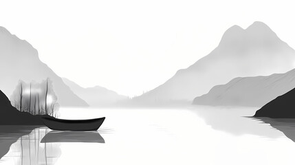 Wall Mural - Foggy morning on fjord flat design front view serene waters theme water color black and white. Fjordic. Illustration