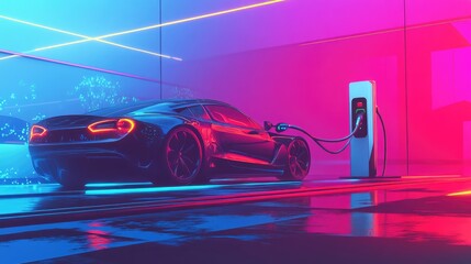 Poster - A digital illustration of a sleek electric car charging at a high-tech station, with vibrant, glowing power lines transferring energy into the car
