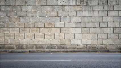 Aufkleber - A weathered gray brick wall with a concrete curb and asphalt road in front of it