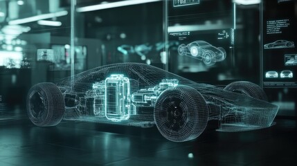 Poster - A digital wireframe display of an electric car, with detailed holograms of its battery and motor structure, showcasing advanced automotive technology