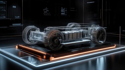 Poster - A digital wireframe display of an electric car, with detailed holograms of its battery and motor structure, showcasing advanced automotive technology