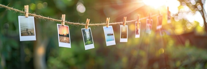Poster - Polaroid photos displayed on string with clothespins against a natural backdrop during golden hour. Generative AI
