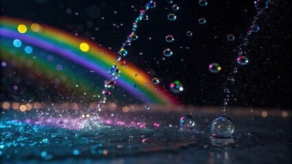Aufkleber - A single water droplet lands on a surface, creating a splash surrounded by a field of iridescent water droplets, a vibrant rainbow, and bokeh lights.