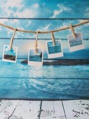 Leinwandbilder - Hanging polaroid pictures on a string against a serene beach backdrop with empty space for creative designs. Generative AI