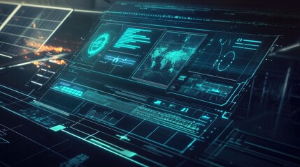 Poster - A futuristic computer screen displaying blue digital lines and green energy icons, with a background featuring an electric power station and solar panels, representing clean energy