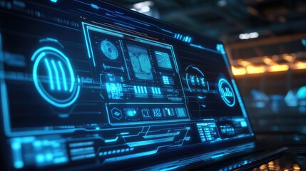 Poster - A futuristic computer screen displaying blue digital lines and green energy icons, with a background featuring an electric power station and solar panels, representing clean energy