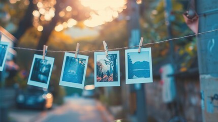 Poster - Polaroid photos displayed on a string with clothespins in a sunny outdoor setting. Generative AI