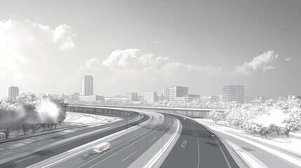 Wall Mural - highway, oblique angle of view, light sky and clouds, modern buildings, skyline, freeway, cityscape,