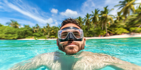 A man wearing snorkeling gear enjoys a refreshing swim in clear blue waters, surrounded by lush palm trees and a beautiful beach.