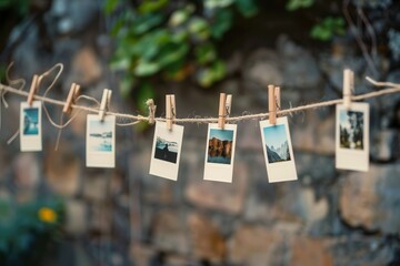 Poster - Detailed display of polaroid photos hanging on a string with clothespins against a natural backdrop for creative inspiration. Generative AI