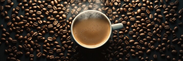 Leinwandbilder - Enjoying a warm cup of coffee surrounded by fresh coffee beans in a cozy setting. Generative AI
