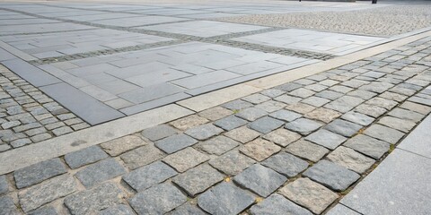 Leinwandbilder - A Detailed View of a Cobblestone Street and a Large, Grey Paved Area Separated by a Thin Line of Grey Concrete