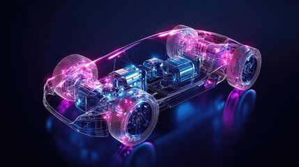 Poster - A transparent wireframe hologram of a sleek electric car, showing its internal electric motor and battery components in glowing detail with a high-tech ambiance