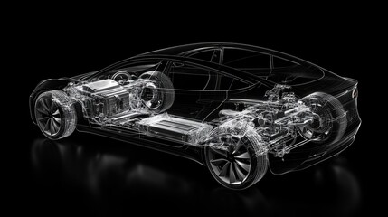 Poster - A transparent wireframe hologram of a sleek electric car, showing its internal electric motor and battery components in glowing detail with a high-tech ambiance