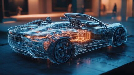 Poster - A transparent wireframe hologram of a sleek electric car, showing its internal electric motor and battery components in glowing detail with a high-tech ambiance