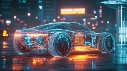 Poster - A transparent wireframe hologram of a sleek electric car, showing its internal electric motor and battery components in glowing detail with a high-tech ambiance
