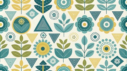 Poster - A cheerful and vibrant seamless pattern featuring stylized floral motifs, geometric shapes, and a muted color palette.