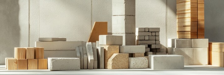 Aufkleber - Various construction materials arranged neatly in a bright interior setting with ample copy space. Generative AI
