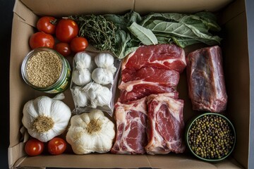 Poster - Colorful fresh vegetables, cuts of meat, and grains arranged in a box with room for text. Generative AI