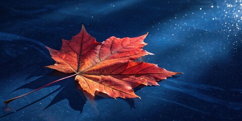 Wall Mural - A single, vibrant red autumn leaf rests on a dark blue surface, its intricate veins and delicate form emphasized by the soft light casting a gentle glow.