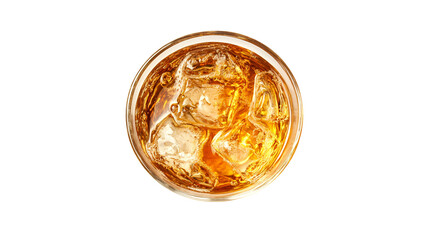 Golden Alcoholic Beverage, Ice Cubes, Glass, Top View, Refreshing Drink, Crystal Clear, Cold, Amber 