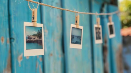 Poster - Polaroid photos display on string showcasing memorable moments against a rustic blue background. Generative AI