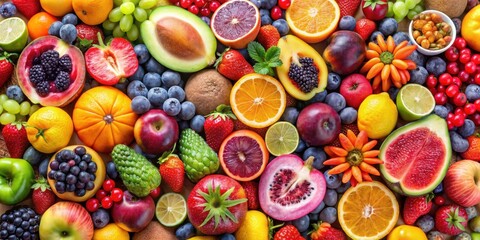 Wall Mural - Abstract background of various fruits and berries strawberries, blueberries, raspberries, blackberries, oranges, lemons, apples