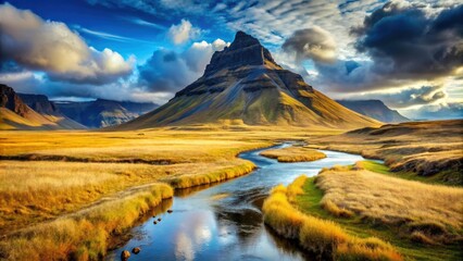 Wall Mural - Watercolor of Icelandic valley with golden fields, stream, and looming mountain, Iceland, valley, golden fields, stream