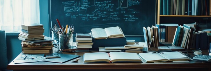 Leinwandbilder - Desk filled with books, notebooks, and stationery in a study environment with ample copy space for writing. Generative AI