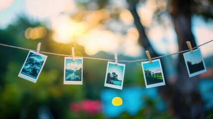 Aufkleber - Polaroid photos displayed on string with clothespins in a serene outdoor setting during sunset. Generative AI
